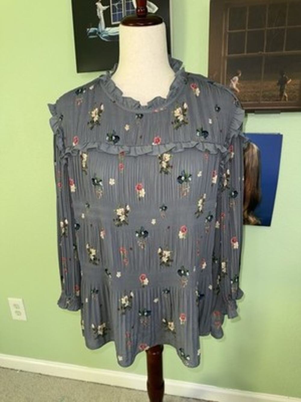 Ted Baker Grey Floral Oracle Harili High Neck Ruffle Pleat Blouse Size 4 (UK 14)